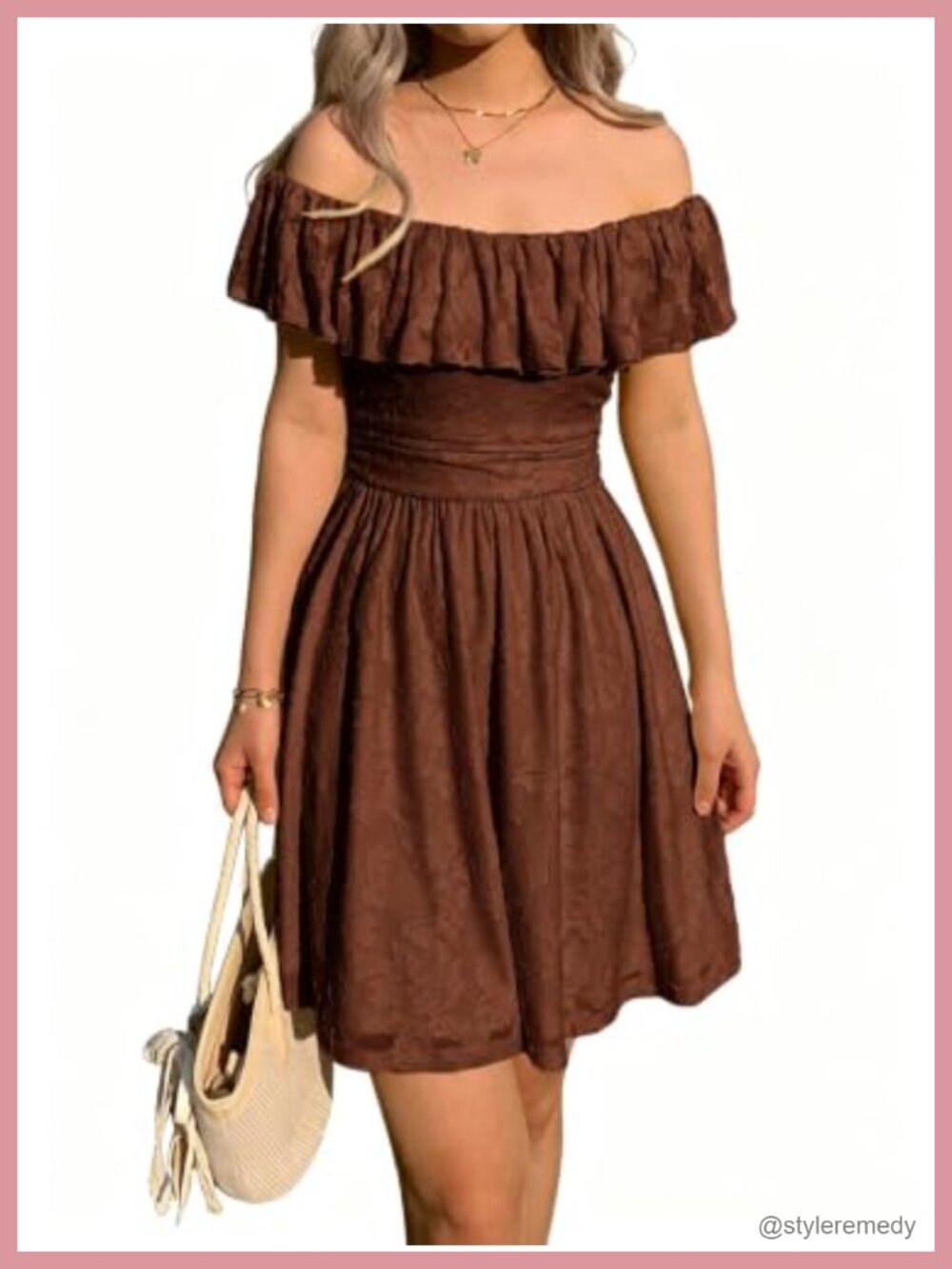 Off Shoulder Floral Jacquard Mini Dress Smocked Waist A-Line Wedding Guest